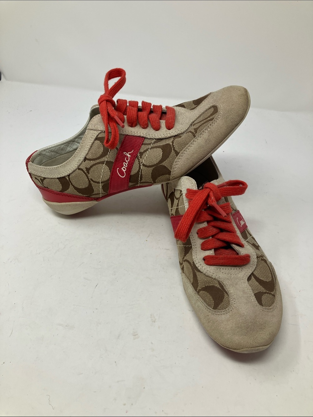Coach Baylee Signature C Canvas Suede Sneakers Red Tan Sz 7.5 A1474